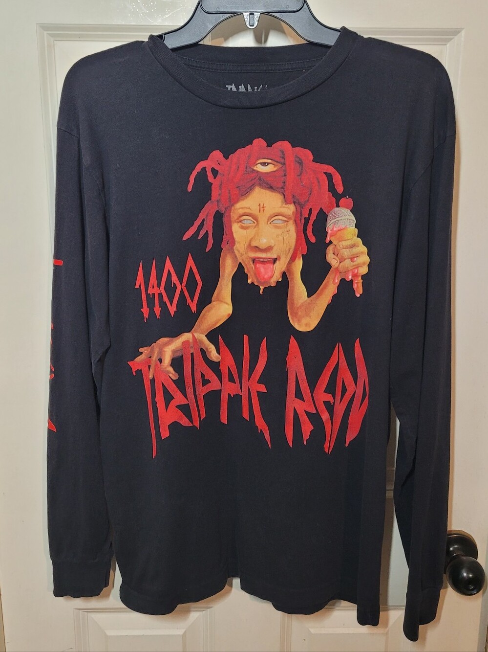 Black Long-Sleeve Graphic Tee with Red Print